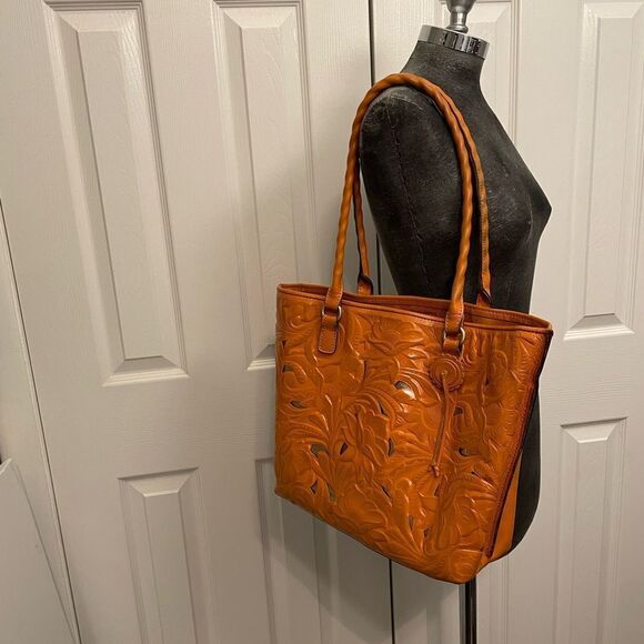 Patricia Nash Adeline Burnished Cutout Tooled Leather Cognac Tote - Picture 2 of 15